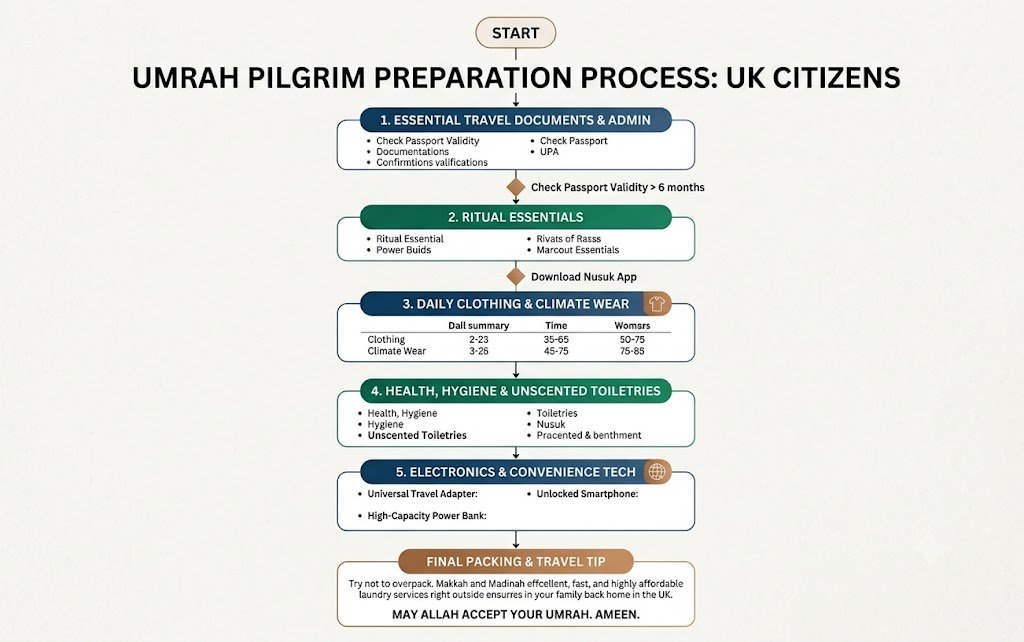 Umrah packing checklist infographic and flow chart for UK pilgrims
