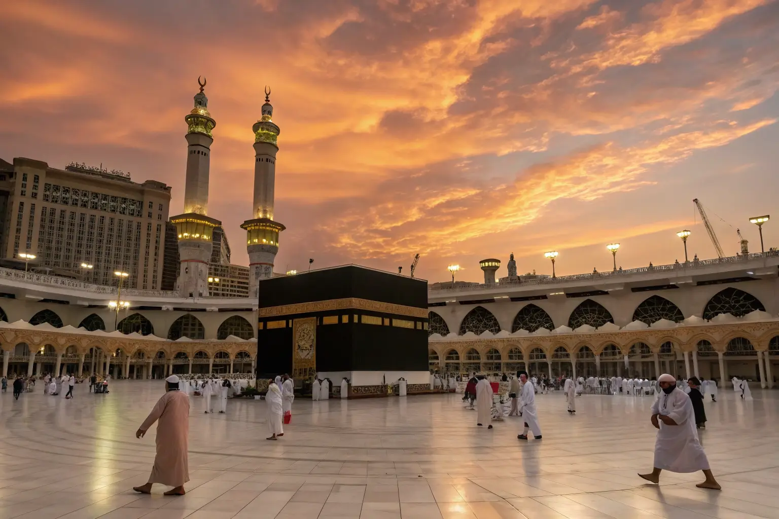 A serene view of the Holy Kaaba in Makkah with pilgrims performing Tawaf.
